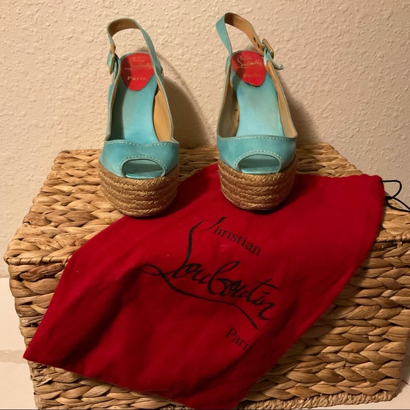 Reposing Christian Louboutin 39 Blue Satin Platform Espadrille Wedge High Heels. - Picture 3 of 3